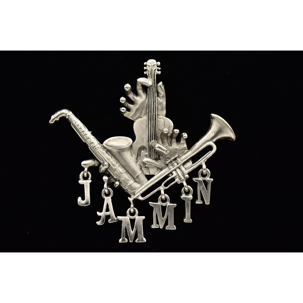 Vintage Band Instrument Pin Brooch Charm JAMMIN Musician Pewter Silver 1980s 9B